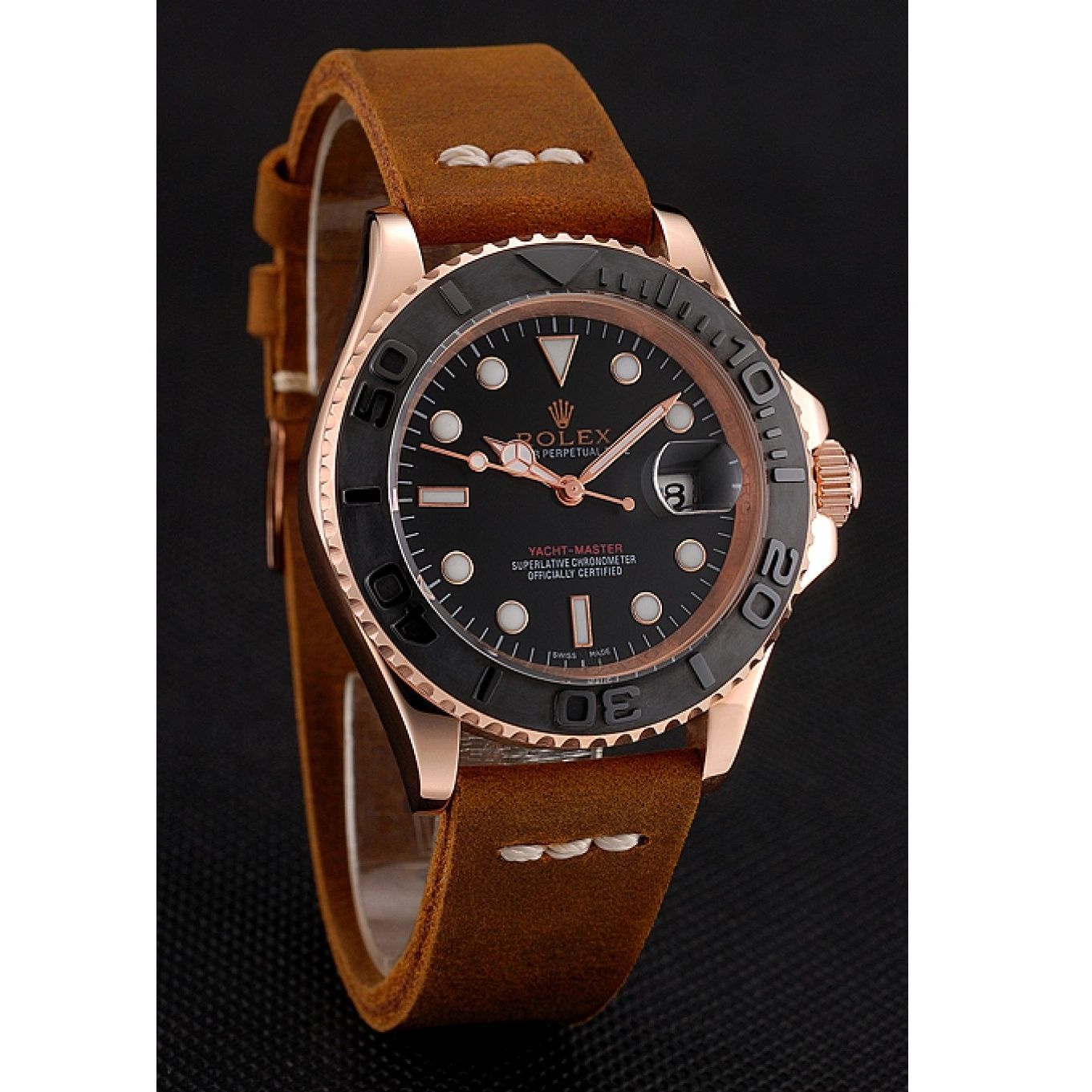 Rolex aaa copy Leather Black 1453861 Rose Case Gold Master Bracelet Rolex Yacht Brown Dial 0616